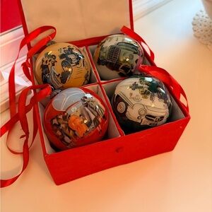 New in Box Mercedes Benz Festive Illustrated Glass Holiday Ornaments - Set of 4